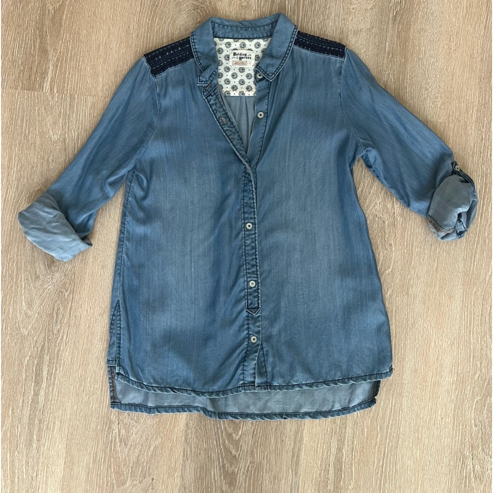 Anthropologie Holding Horses Embroidered Blue Denim 100% Tencel Shirt - SM